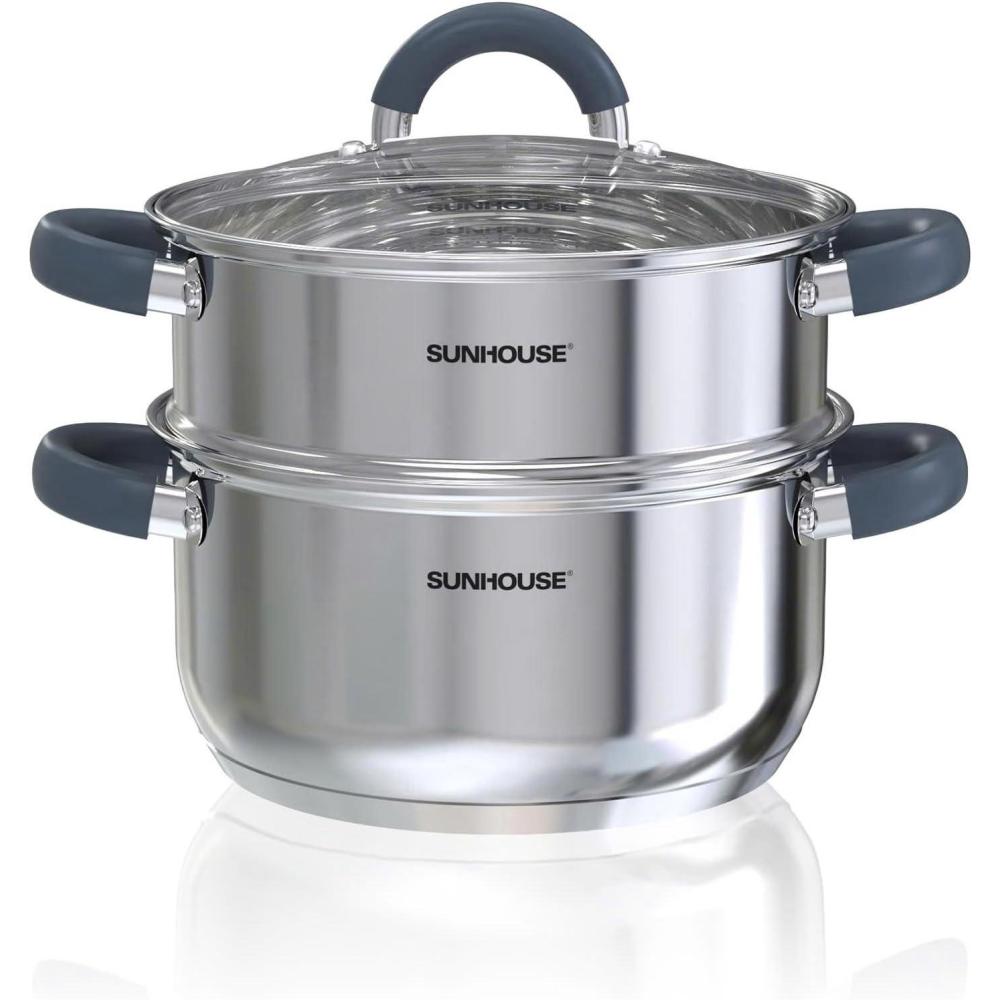 image:imageSUNHOUSE  31 Quart Steamer Pots With Lid 2Tier Multipurpose Stainless Steel Steaming Pot Cookware With Handle For Vegetable Dumpling Sauce Food  Triple Bottom Measurement LineSTEAMER POT