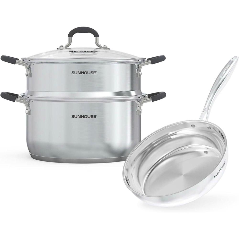 image:imageSUNHOUSE Stainless Steel Cookware  31 Qt Steamer Pot amp 8 Frying Pan