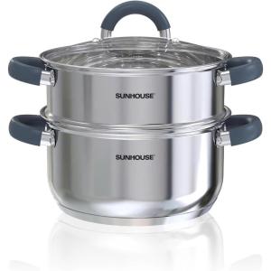 SUNHOUSE – 3.1 Quart Steamer Pots With Lid 2-Tier Multipurpose Stainless Steel Steaming Pot Cookware With Handle For Vegetable, Dumpling, Sauce, Food – Triple Bottom, Measurement Line(STEAMER POT)
