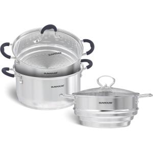 SUNHOUSE Stainless Steel 3.1 Quarts & 5 Quart Steamer Insert Multi-Purpose Soup & Food Steamer with Stay-Cool Handles & Heavy-Duty Glass Lid