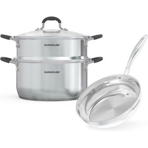 SUNHOUSE Stainless Steel Cookware – 3.1 Qt Steamer Pot & 8” Frying Pan