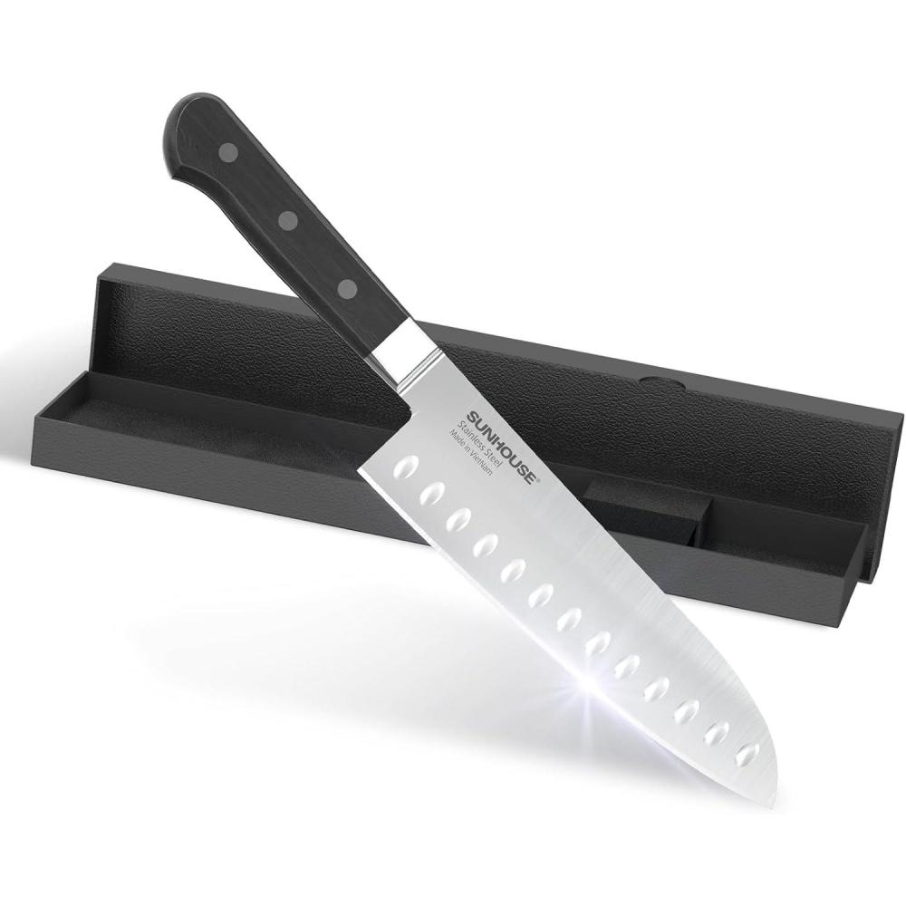 image:imageSUNHOUSE Santoku Knife 7 inchAUS8 Stainless Steel  Superior 59HRC Hardness Full Tang Ergonomic Handle Perfect Gifts for Mom or DadPremium Gifts7 Santoku Knife