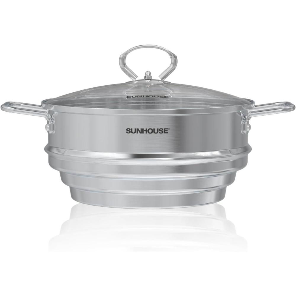 image:imageSUNHOUSE Stainless Steel Stock Pot  13 Quart HeavyDuty Induction Cooking Pot with Visible Lid for Pasta Soup Spaghetti  Nonstick ThickBottom Deep Stockpot for Canning Boiling and SimmeringSTEAMER INSERT