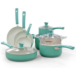 SUNHOUSE – Multifunction 12-Pieces PFOA-free Ceramic Cookware Set – Ceramic Induction Pots And Pans Set – Kitchen Cookware Sets Including 2 Saucepans, 2 Frying Pans, Stock Pot, Steamer and Saute Pan