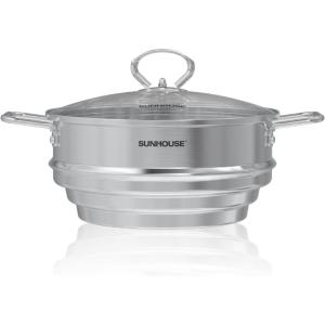 SUNHOUSE Stainless Steel Stock Pot – 13 Quart Heavy-Duty Induction Cooking Pot with Visible Lid for Pasta, Soup, Spaghetti – Nonstick Thick-Bottom Deep Stockpot for Canning, Boiling, and Simmering(STEAMER INSERT)