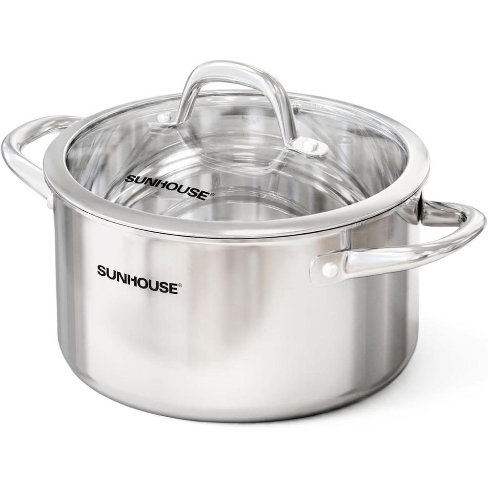 image:imageSUNHOUSE 6 Quart TriPly Stainless Steel Stock Pot with Visible Lid for Soup Pasta and Vegetables Induction Compatible Dishwasher Safe12 Quarts
