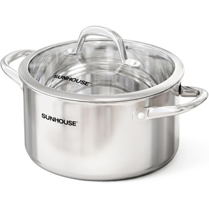 SUNHOUSE 6 Quart Tri-Ply Stainless Steel Stock Pot with Visible Lid, for Soup, Pasta, and Vegetables, Induction Compatible, Dishwasher Safe(7.4 Quarts)