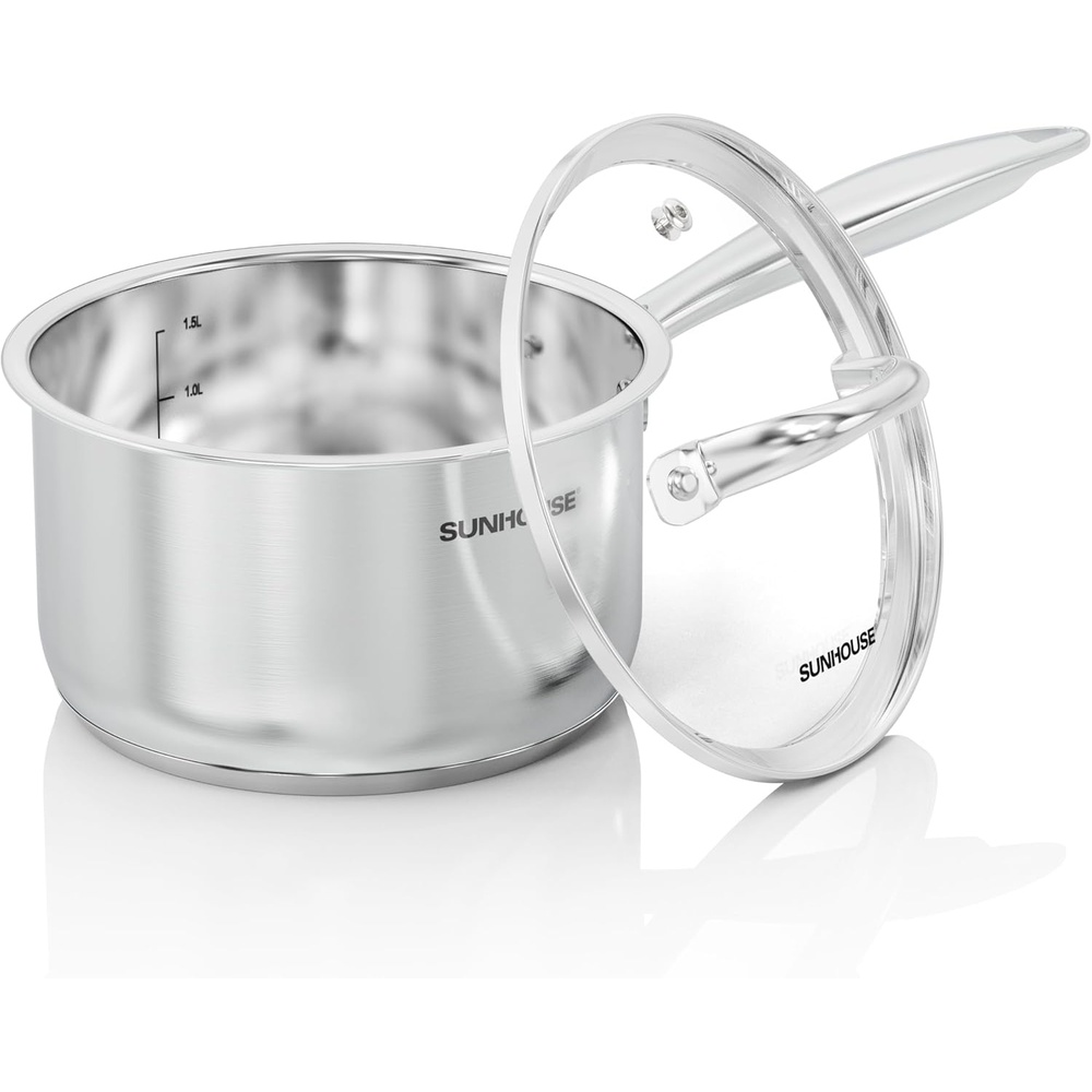 image:imageSUNHOUSE 15 QT Stainless Steel Saucepan with Lid 3Ply 1810 Stainless Steel Cookwares Small Kitchen Pots with StayCool Handle Dishwasher Safe Oven Safe Compatible with Induction Ceramic Gas2 Quart