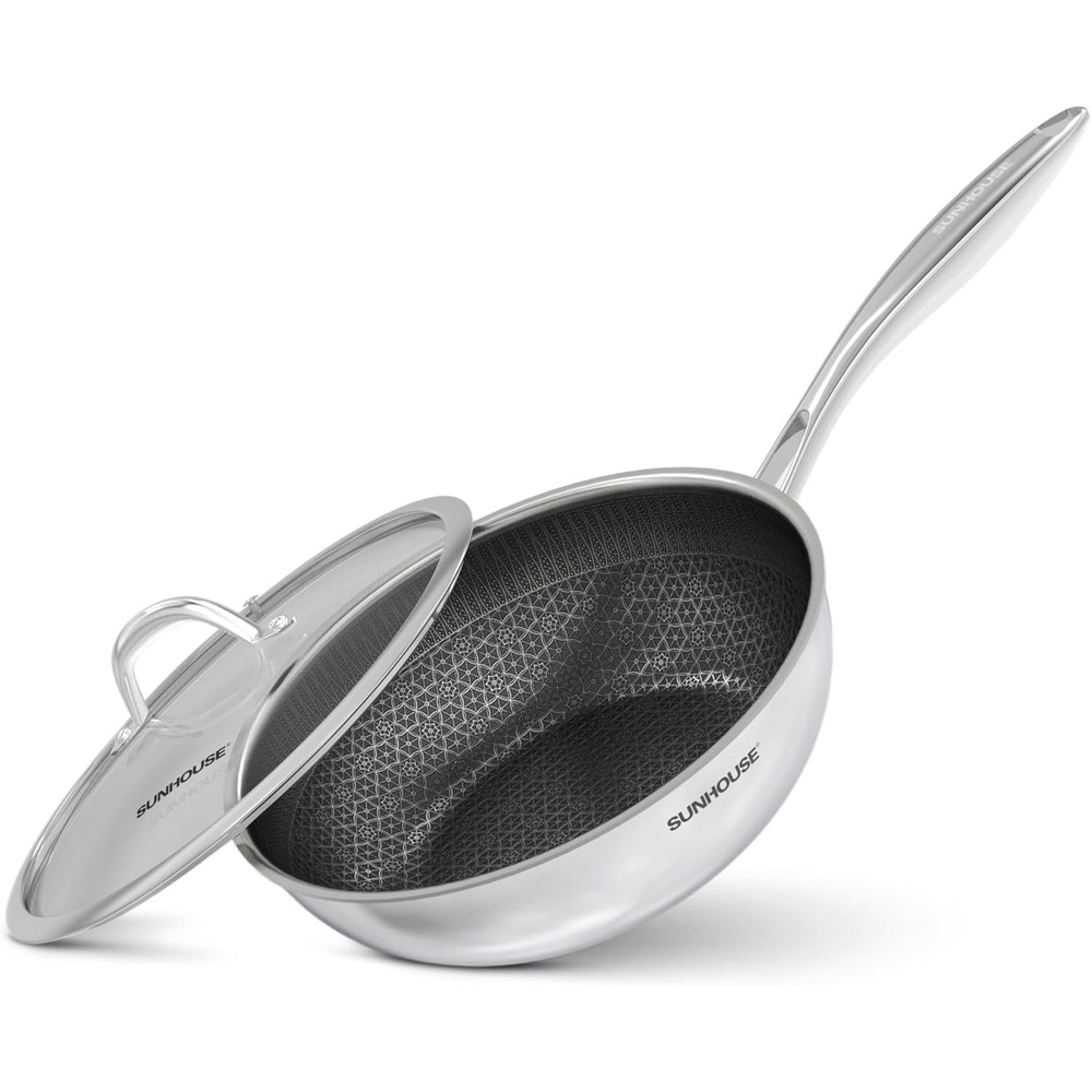 image:imageSunhouse 11 Inch Non Stick Deep Frying Pan with Lid  5 Quart Hybrid Saute Pan with Lid Nonstick Stainless Steel Skillet Induction Cookware Compatible with All Cooktops11 inch5 QT