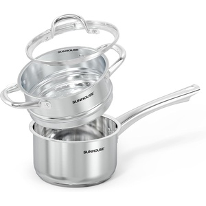 SUNHOUSE 1.5 QT Stainless Steel Saucepan with Lid, 3-Ply 18/10 Stainless Steel Cookwares, Small Kitchen Pots with Stay-Cool Handle, Dishwasher Safe, Oven Safe, Compatible with Induction, Ceramic, Gas(2 Quarts (w/Steamer Basket))