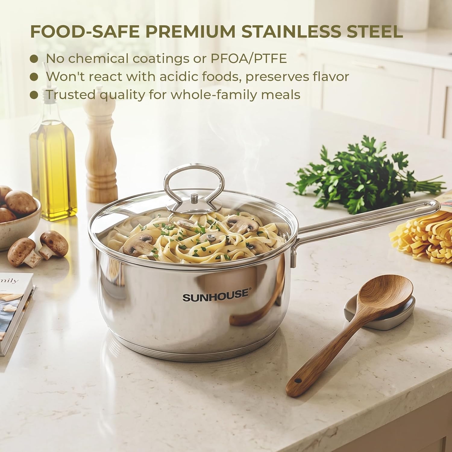 image:imageSunhouse 15 QT Stainless Steel Sauce Pan with Lid Small Pot for Cooking PFOAFREE 5Ply Base Mini Saucepan StayCool Handle Compatible with Induction Ceramic Gas