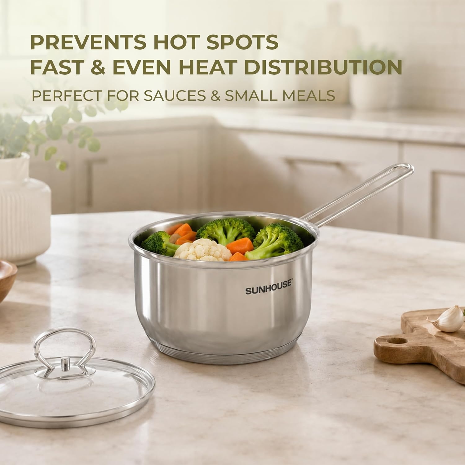 image:imageSunhouse 15 QT Stainless Steel Sauce Pan with Lid Small Pot for Cooking PFOAFREE 5Ply Base Mini Saucepan StayCool Handle Compatible with Induction Ceramic Gas