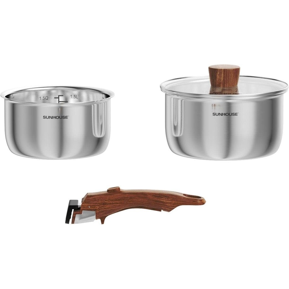 image:imageSUNHOUSE TriPly Stainless Steel Saucepan Set with Detachable Handle 2QT amp 3QT Saucepan with Lid