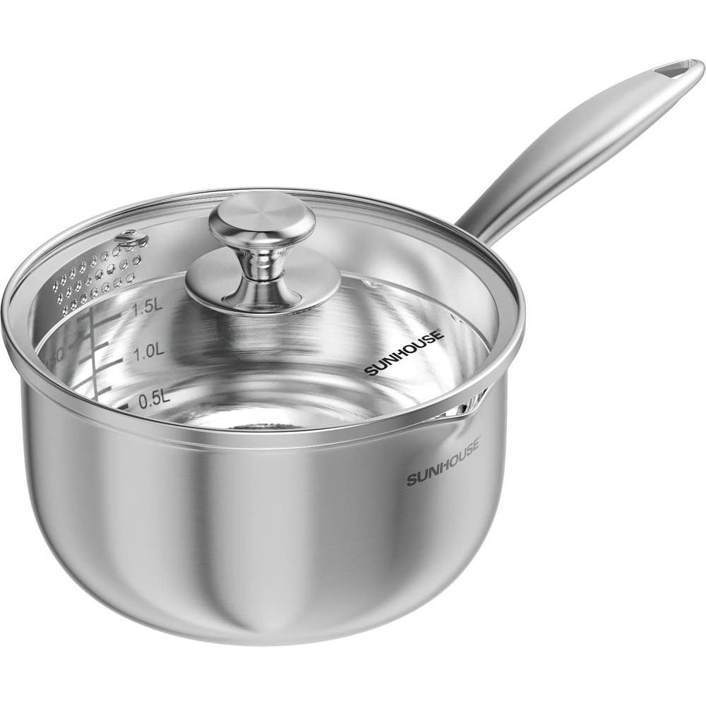 image:imageSUNHOUSE TriPly Stainless Steel Saucepan with Pour Spout and Strainer Lid